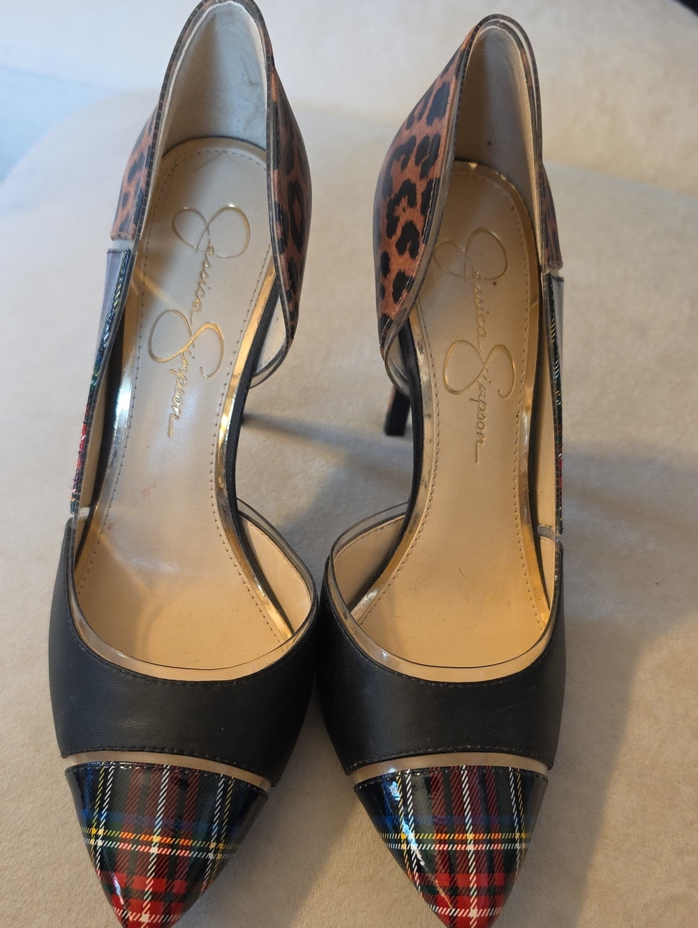 JESSICA SIMPSON Sz. 9 Black with Red Plaid & Leopard D'Orsay Heels EUC
